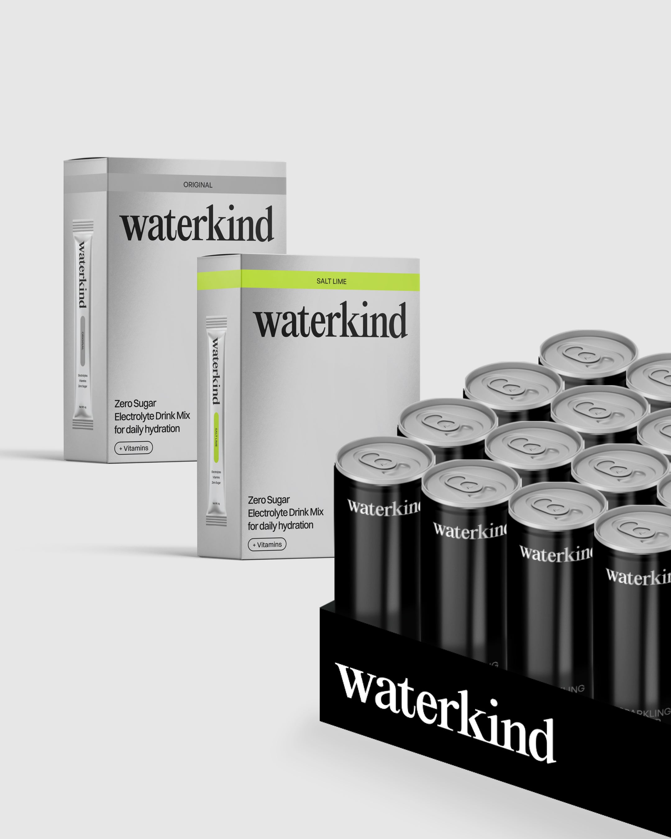 Sparkling Water + Electrolyte Sachets | 24 Cans + 20 Sachets | Waterkind